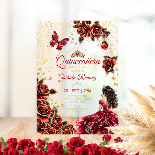 Red Quinceañera Golden Tiara Roses Butterlies Acrylic Invitations