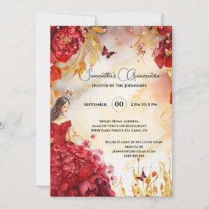 Red Quinceañera peony ballgown floral flowers Invitation