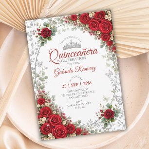 Red Quinceañera Silver Butterflies Roses Invitation