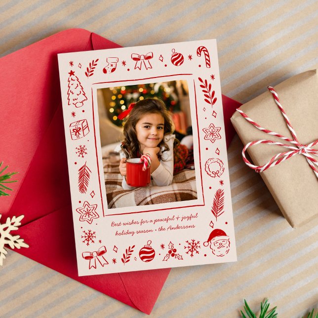 Red Quirky Whimsical Hand-Drawn Christmas Icons Holiday Card (quirky hand drawn Christmas icons photo card)