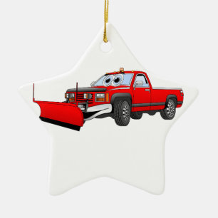 Red R Pick Up Snow Plough Cartoon Ceramic Tree Decoration