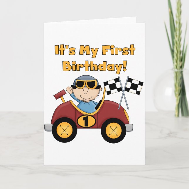 Red Race Car 1st Birthday Tshirts and Gifts Card (Front)