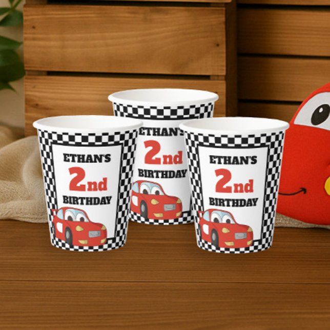 Red Race Car 2nd Birthday Party Paper Cups (Red and black race car birthday party paper cups)