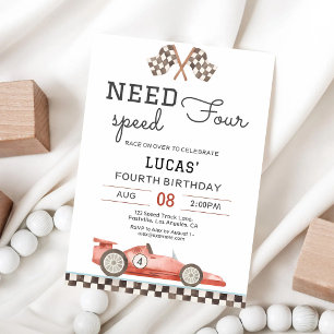 Red Race Car 4th Birthday Invitation
