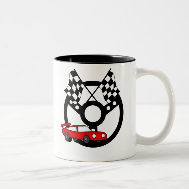 Red Race Car and Flags Two-Tone Coffee Mug (Right)