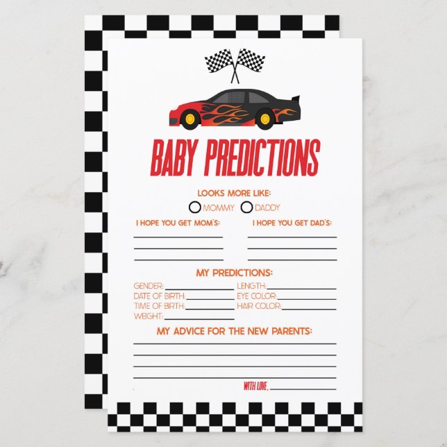 Red Race Car Baby Shower Predictions Game (Front/Back)