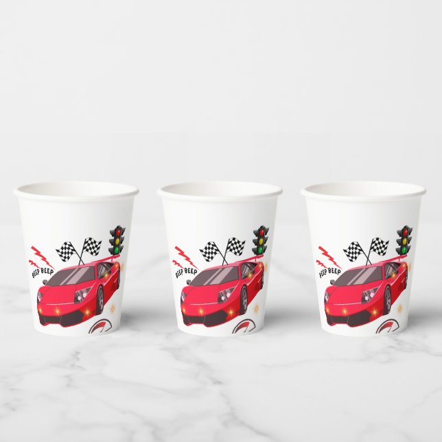 Red Race Car "Beep Beep" Personalized Party Paper  Cups (Multi)