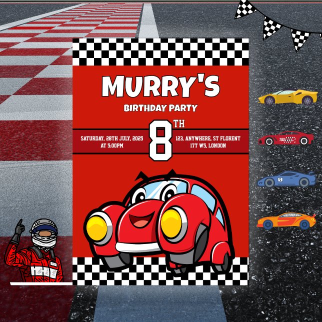 Red Race Car Birthday 8th Birthday Party Invitation (Creator Uploaded)