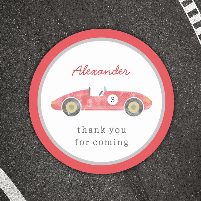 Red race car birthday classic round sticker (Creator Uploaded)