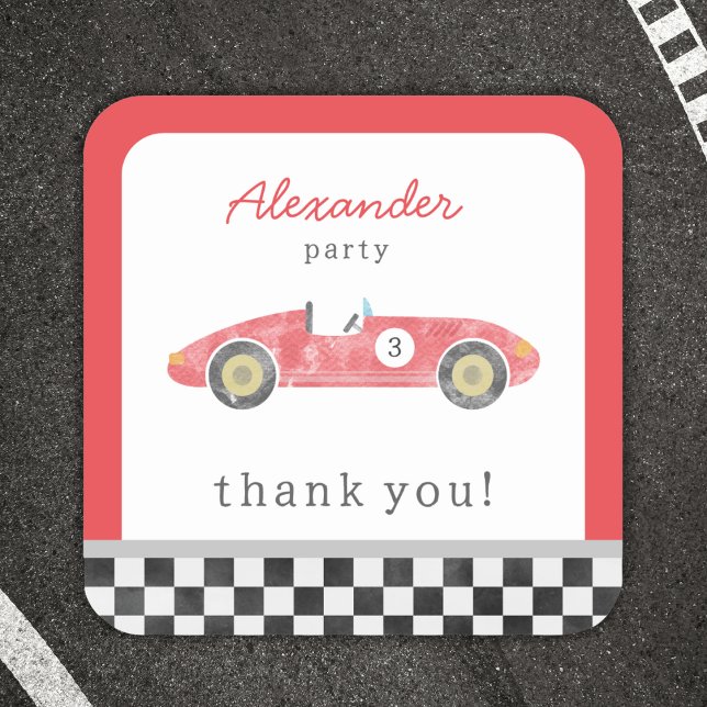 Red race car birthday square sticker (Creator Uploaded)