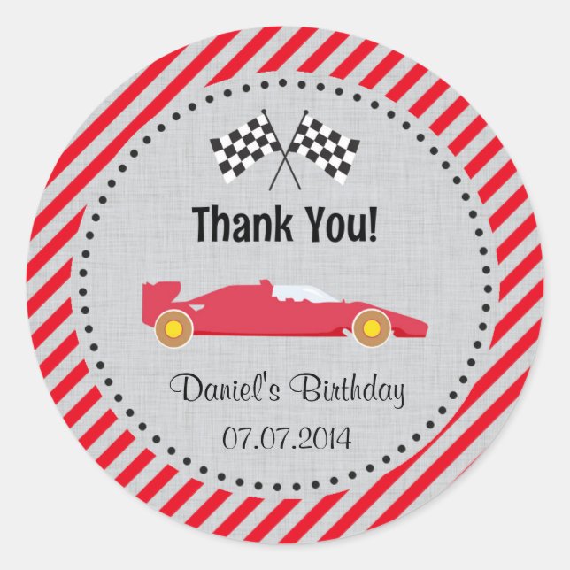 Red Race Car Birthday Thank You Stickers (Front)