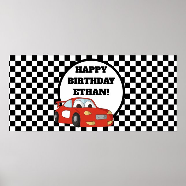 Red Race Car Black White Birthday Party Banner Poster (Front)