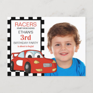 Red Race Car Black White Chequered 3rd Birthday Postcard