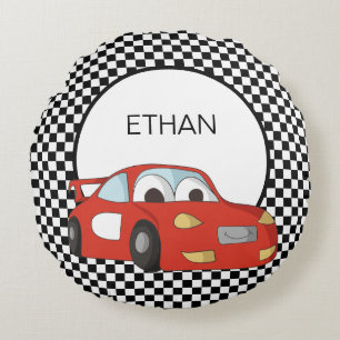 Red Race Car Black White Chequered Flag Child's  Round Cushion
