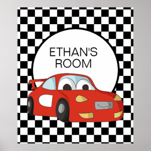 Red Race Car Black White Chequered Flag Name Poster