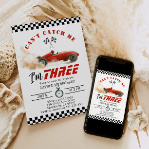 Red Race car Cant catch me Boy 3rd Birthday Invitation