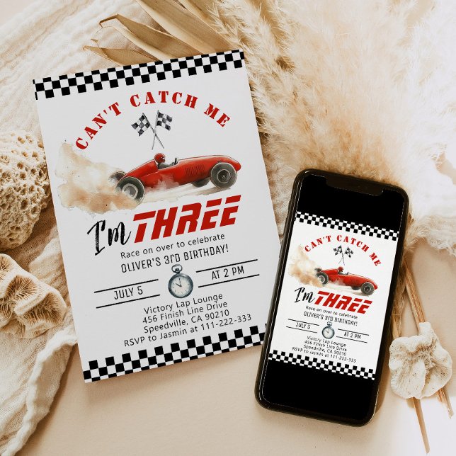 Red Race car Cant catch me Boy 3rd Birthday Invitation (Creator Uploaded)