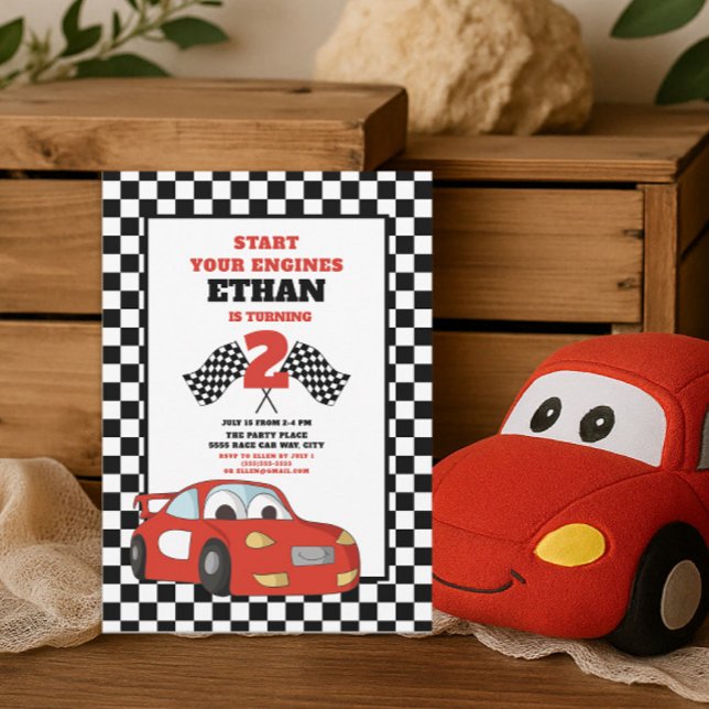 Red Race Car Child's 2nd Birthday Invitation (Red race car little boy's 2nd birthday party invitation)