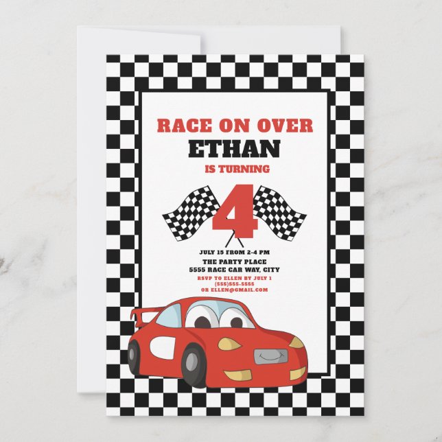 Red Race Car Child's 4th Race Over Birthday Invitation (Front)