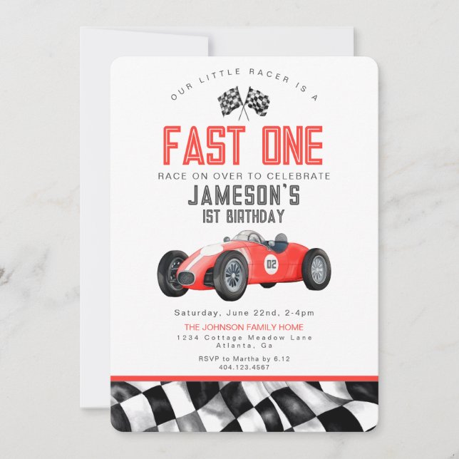 Red Race Car Fast One 1st Birthday Party Invite (Front)