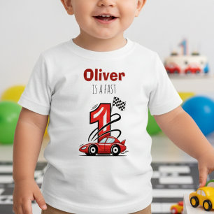 Red Race Car Fast One First Birthday Baby T-Shirt