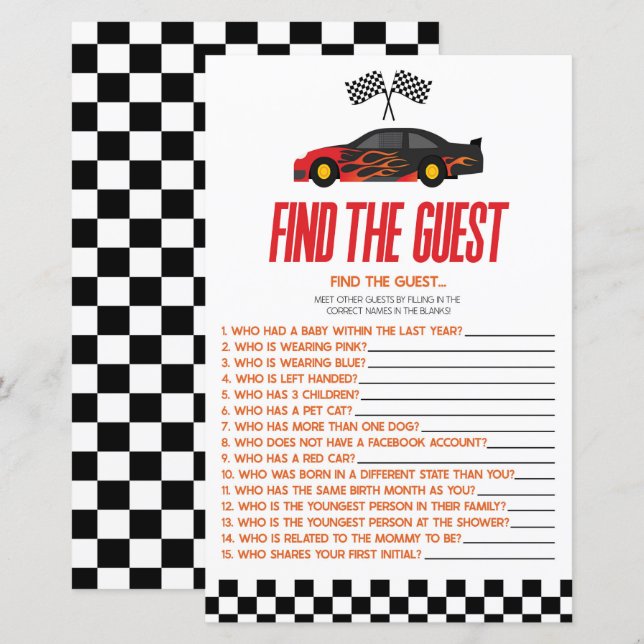 Red Race Car Find The Guest Baby Shower Game (Front/Back)