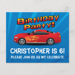 Red Race Car Flames Boys Birthday Party Invitation