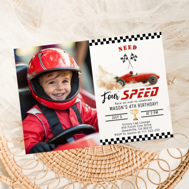 Red Race car Need four Speed 4th Birthday Photo Invitation (Creator Uploaded)