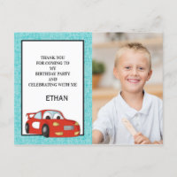 Red Race Car on Blue Birthday Photo Thank You