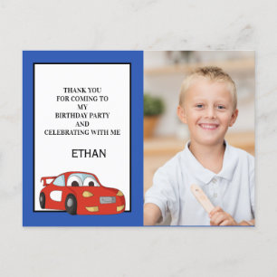 Red Race Car on Dark Blue Birthday Photo Thank You Postcard