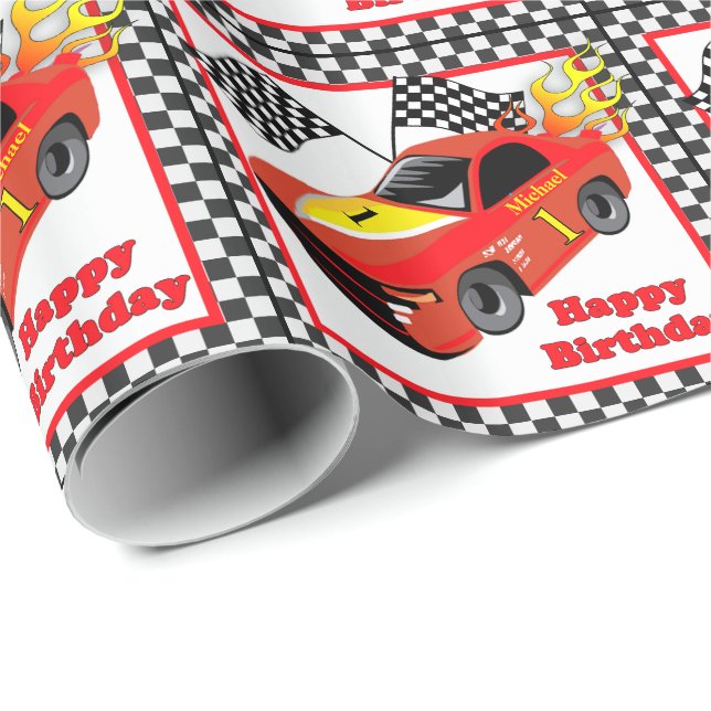 Red Race Car Personalised Birthday  Gift Wrapping Paper (Roll Corner)