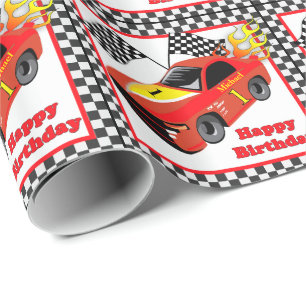 Red Race Car Personalized Birthday  Gift Wrapping Paper