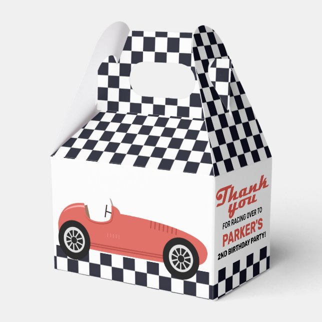 Red Race Car Racing Birthday Party Chequered Favour Box (Front Side)