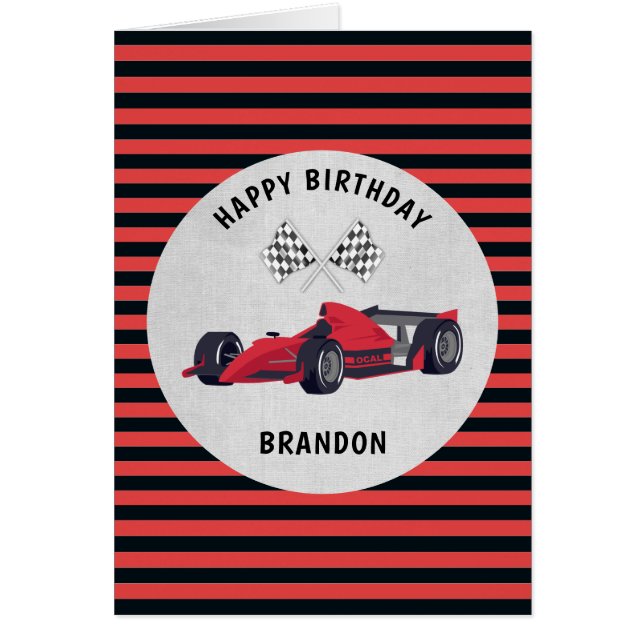 Red Race Car Striped Birthday Card (Front)