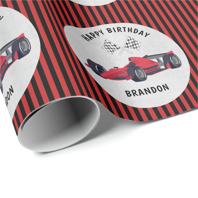 Red Race Car Striped Birthday Personalised Wrappin Wrapping Paper (Roll Corner)