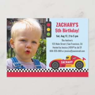 Red Race Car Themed Boys Birthday Party Photo Invitation
