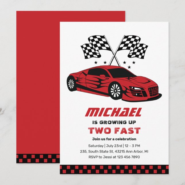 Red Race Car Two Fast Boys 2nd Birthday Invitation (Front/Back)