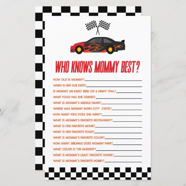 Red Race Car Who Knows Mummy Baby Shower Game (Front/Back)