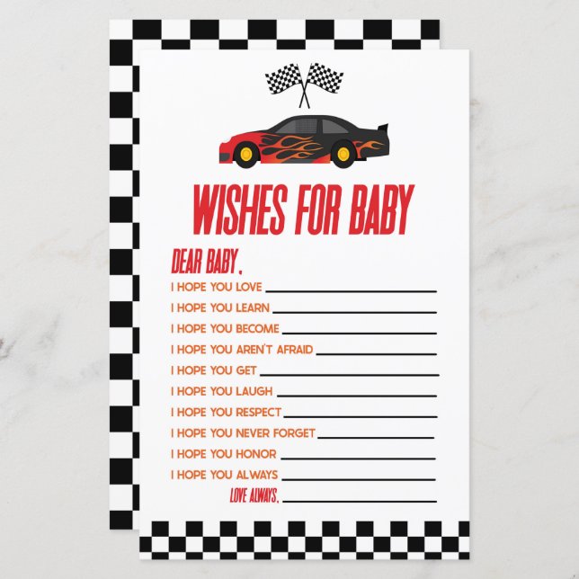 Red Race Car Wishes For Baby Shower Game (Front/Back)