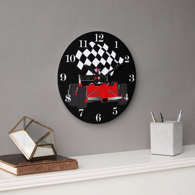 Red Race Car with Checkered Flag Large Clock (Office)