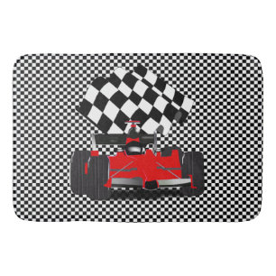 Red Race Car with Chequered Flag Bath Mat