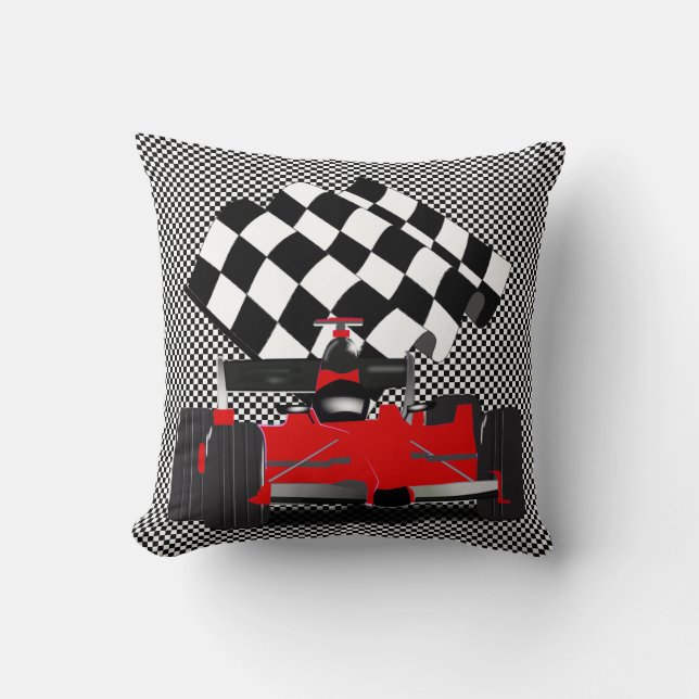 Red Race Car with Chequered Flag Cushion (Front)