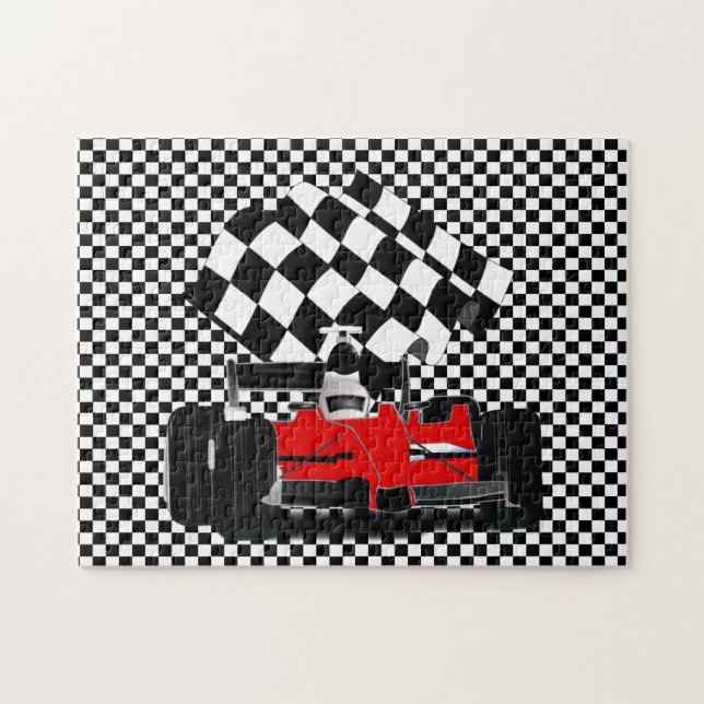 Red Race Car with Chequered Flag Jigsaw Puzzle (Horizontal)