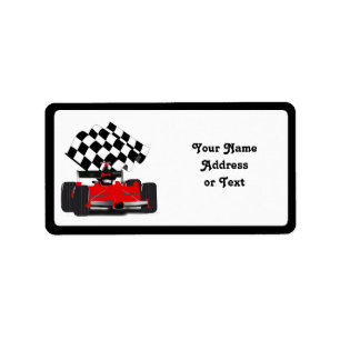 Red Race Car with Chequered Flag Label