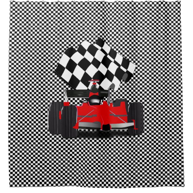 Red Race Car with Chequered Flag Shower Curtain (Front)