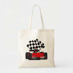 Red Race Car with Chequered Flag Tote Bag