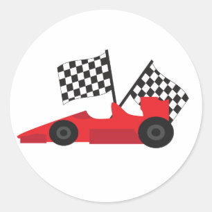 Red Race car with Chequered Flags Classic Round Sticker