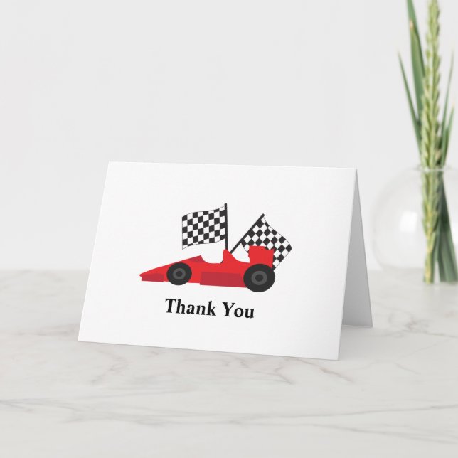 Red Race car with Chequered Flags Thank You Card (Front)