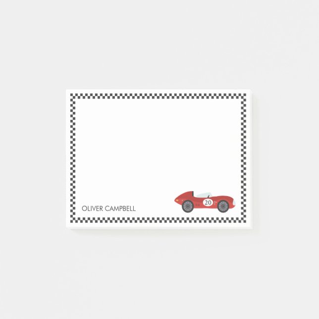 Red race card boys kids personalised post-it notes (Front)