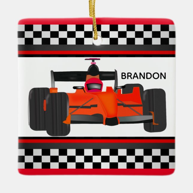 Red Racing Car Chequered Design Square Ornament (Front)